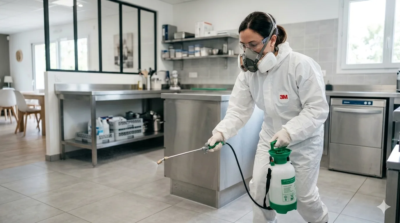 Applicatrice Nuisigarde en intervention dans une cuisine professionnelle à Toulouse — combinaison de protection, masque respiratoire, pulvérisateur biocide homologué.
